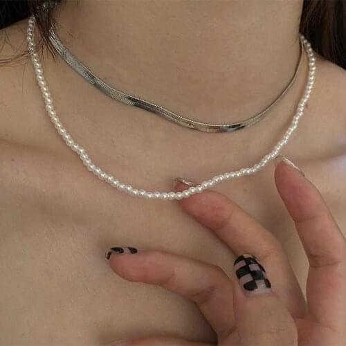 2021 New Kpop Trend Double Layer Silver Color Clavicle Chain Pearl Beaded Snake Chain Necklace For Women Aesthetic Jewelry