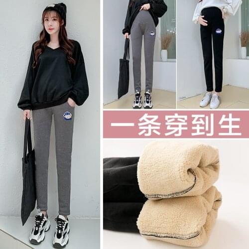 2020 Winter New Maternity Pants Plus Velvet Thick Stretch Trouser with Pockets Lamb Cashmere Casual Outer Wear Belly Lift Pants