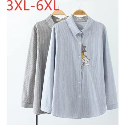 New Ladies Spring Autumn Plus Size Tops For Women Large Blouse Long Sleeve Loose Stripe Embroidery Blue Shirt 3XL 4XL 5XL 6XL