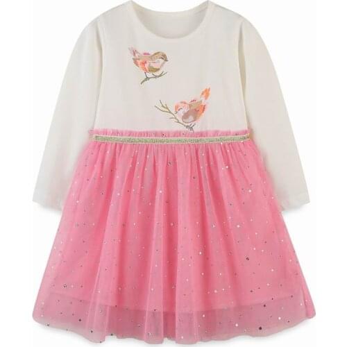 27kids Autumn Winter Skirt Long Sleeve Girls Cute Bird Pink Mesh Sequins Clothes Round Neck Children Casual Dresses 2-7years