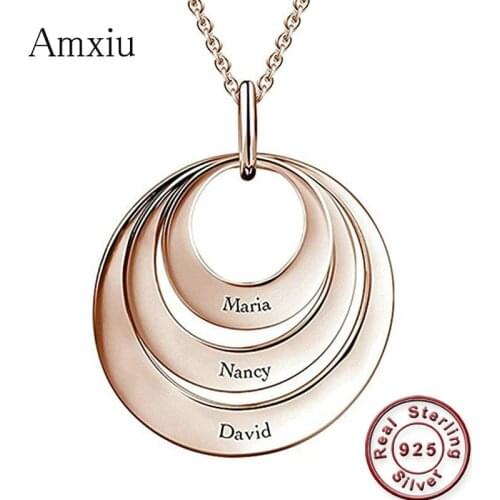 Amxiu Personalized Name Necklace 925 Sterling Silver Russia Circle Necklace Engrave 2-4 Names Pendant Necklace Jewelry For Women