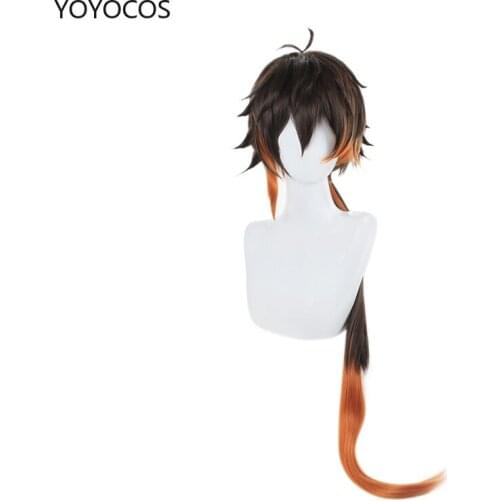 YOYOCOS Game Genshin Impact Zhongli Cosplay Wig Long Christmas Brown Orange Wig Anime Wigs Cosplay Synthetic Hair Heat Resistant
