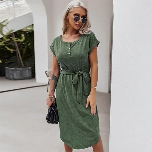 Womens Summer Dress with Sashes Buttons Knee Length Short Sleeve Ladies Casual Knitted Dresses High Waist Dress for Female