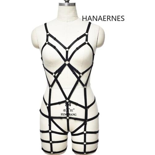 Hollow Body Harness Adjustable Bondage Leg Garter Belt Sexy Lingerie Body Cage Set Cupless Bra Crop Top Black Polyester Elastic