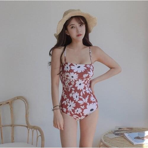Sexy Strap One Piece Swimsuit Women Floral Printed Swimwear Monokini Push Up Swim Suit Korea Style Bathing Suit Padded Wire-free