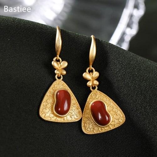 Bastiee 925 Sterling Silver Earrings Earings Fashion Jewelry Red Agate Golden Plated Korean Earrings Dangle Earrings