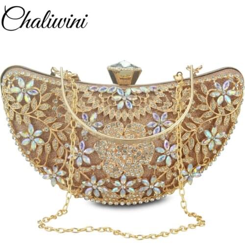 Bridal Metal Clutch Floral Bag Women Crystal Gold Evening Bag Wedding Party Handbags Purse Lady Diamond Rhinestone Clutches