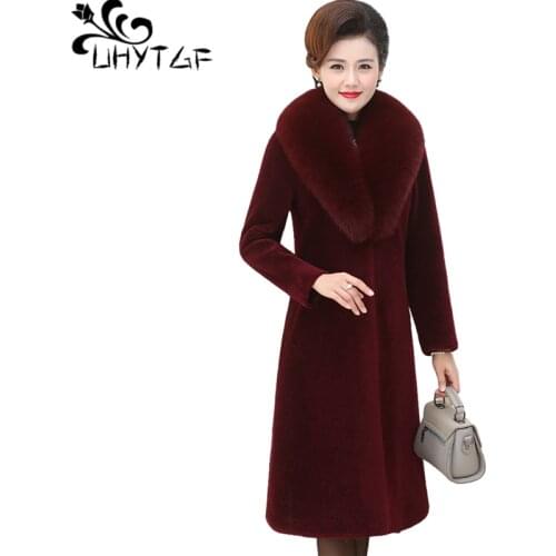 UHYTGF New Quality Sheep Shearing Winter Fur Coat Women Luxury Fox Collar Mid-Length Wool Casual Warm Jacket 5XL Plus Size 1422