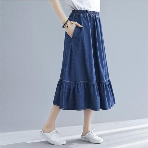 Women Solid Denim Skirts Large Size 6XL 7XL Elastic Waist Ruffles Long Skirts Summer Casual Loose A-Line Skirts