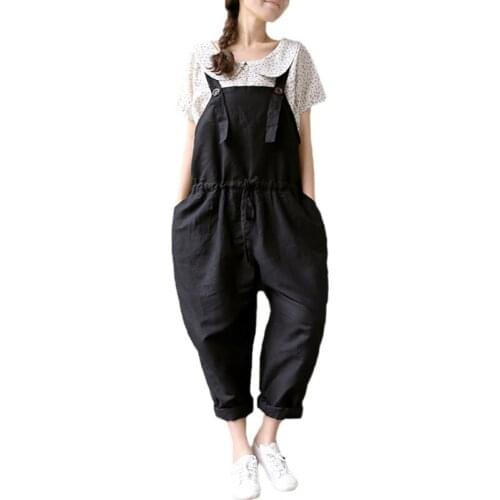 Womens Casual Loose Linen Pants Cotton Jumpsuit Strap Black Loose Harem Pants Trousers Overalls