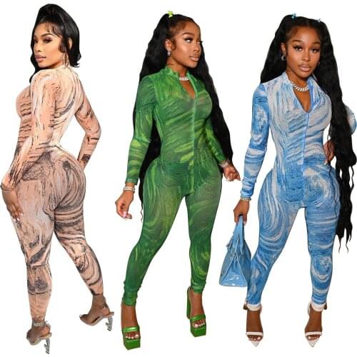 Fitness Sportwear Women Printing Jumpsuit 2021 Autumn Turn-down Collar Front Zipper High Waist Skinny Rompers One Piece Overalls