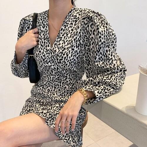 Korean Chic Leopard Ruffle Dress Women Sping V Neck Puff Sleeve Elegant Office Mini Sexy Party Dress