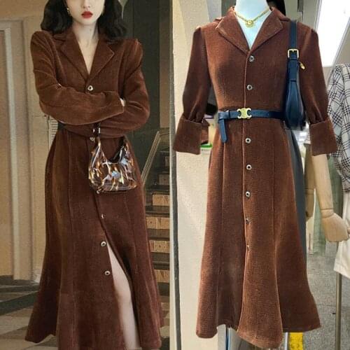 Vinatge French style small fragrance Chenille mermaid dress women notched collar slim trumpet dress