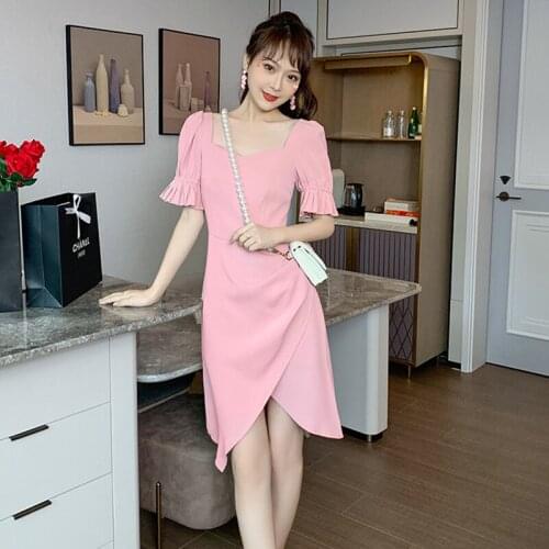 Fashion Korean Vintage Square Collar Midi Party Dress Ladies Elegant Coffee Break Casual Puff Sleeve Ruffle Asymmetrical Dress
