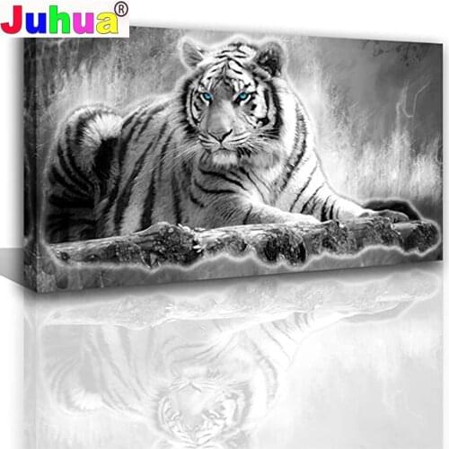 Animal Diamond Painting Black and White Tiger Blue Eyes Diamond Embroidery Picture Painting Full Square/Round Diamond Wall Art