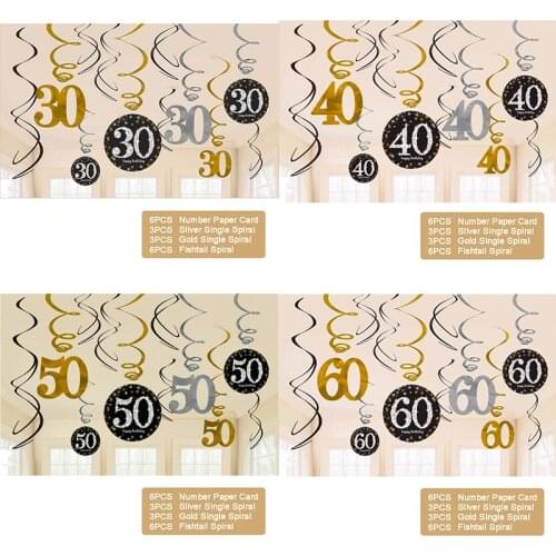30/40/50/60 Year Olds Single Party Decorations Spiral Ornaments Happy Birthday Gold Confetti Balloons Party Decorations Adult