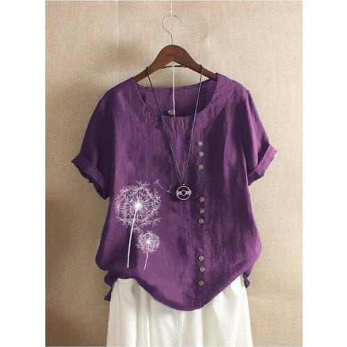 Round neck COTTON LINEN Dandelion Print Women Blouse Shirt short Sleeves Tops Casual Loose casual Elegant loose plus size 5XL