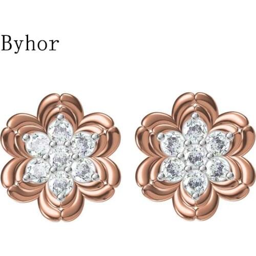 Byhor Solid 14K White/Yellow+White/Rose+White Gold 1.26ct H/SI Natural Diamonds Fine Jewelry Wedding Flower Stud Earrings Cерьги