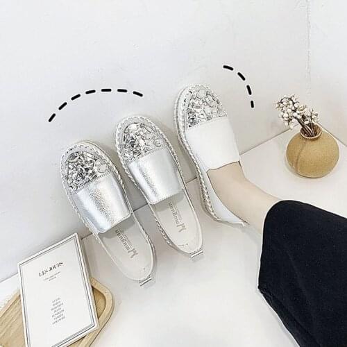 Comemore New Crystals Round Toe Leather Flats Shoes Women Silver Bling Loafers Couple Platform Shoes Woman Flat Students Size 43