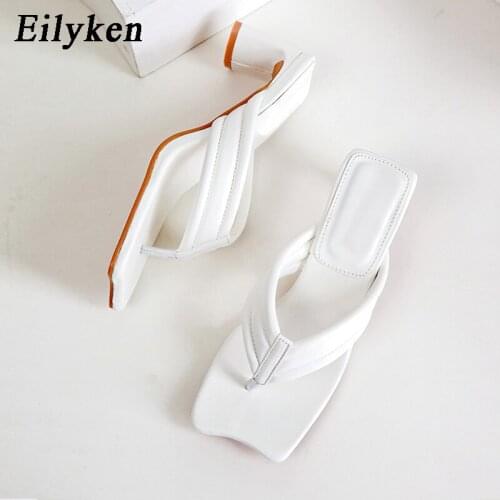 Eilyken High Quality Fashion Slippers Square Low Heel Sexy Ladies Sandals Flip Flops Summer Pink Sandy Beach Slippers