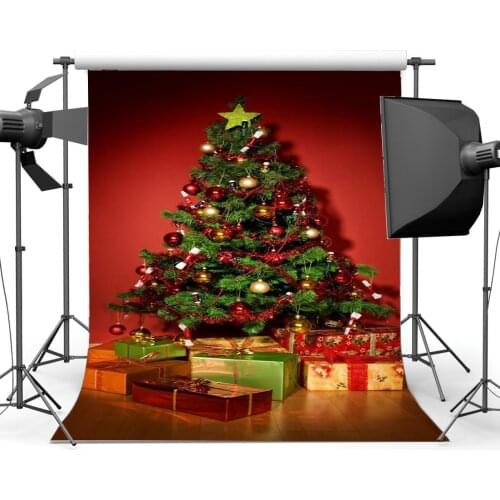 Photography Backdrop Christmas Tree Gifts Balls Red Wall Vintage Wood Floor Xmas Backdrops