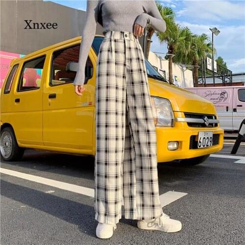 Lattice Wide Legs Trousers Simple Vintage Plaid Causal Long Women Pants Street Fashion Straight Straight Pant Ins British Bottom