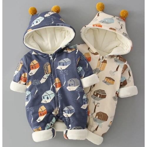 Newborn Baby Clothes Cartoon House Hooded Thick Quilted Cotton Lined Boy and Girl Rompers Winter Clothes