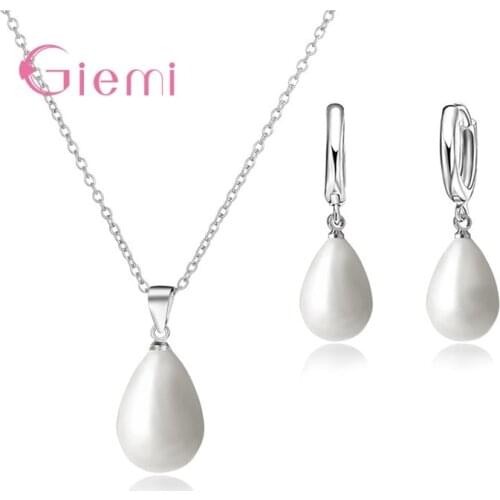 Top Sale Wedding Party Jewelry Sets 925 Sterling Silver Fresh Water Pearl Water Drop Tear Pendant Necklace Loop Hoop Earrings