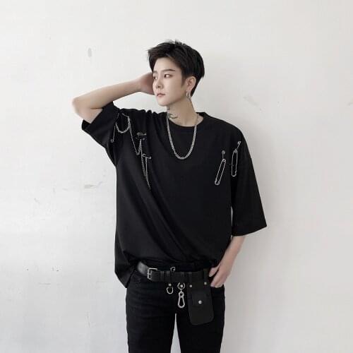 MIXCUBIC 2020 summer Korean style Personality Pin chain design t-shirt men casual loose O-neck t-shirts male t-shirt M-XL