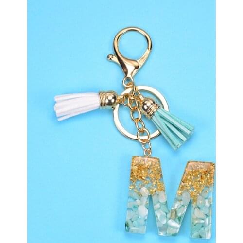 New Fashion 26 Letters Resin Keychains for Women Gold Foil Bag Pendant Charms Handbag Accessories Tassel Key Rings Gift