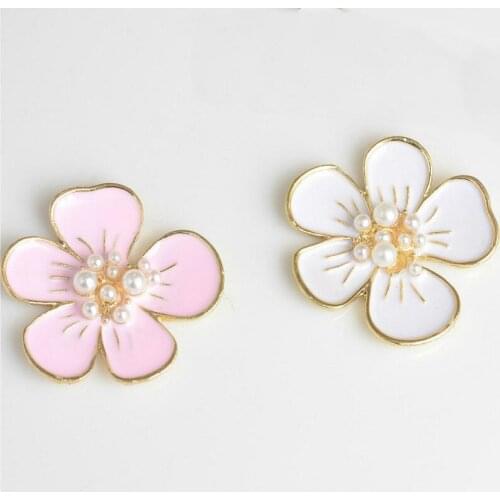Wholesale 40PCs 29*30MM Gold Tone Plated Alloy Pearl Core Enamel Flowers Button Charm Sticker Craft Oil Drop Floral Pendant