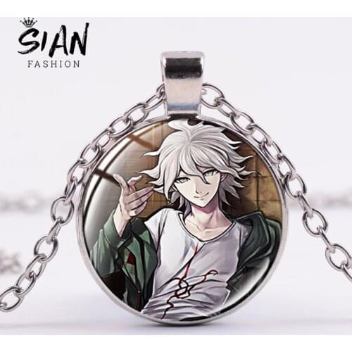 SIAN Danganronpa: Trigger Happy Havoc Monokuma Necklace Cartoon Cosplay Figure Printed Crystal Dome Silver Plated Long Necklace