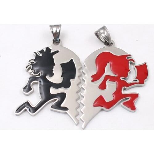 One Pair Couple Heart black red Stainless Steel ICP Crazy Clown Heart Hatchetman Man Women Charms Pendant Necklace no chain