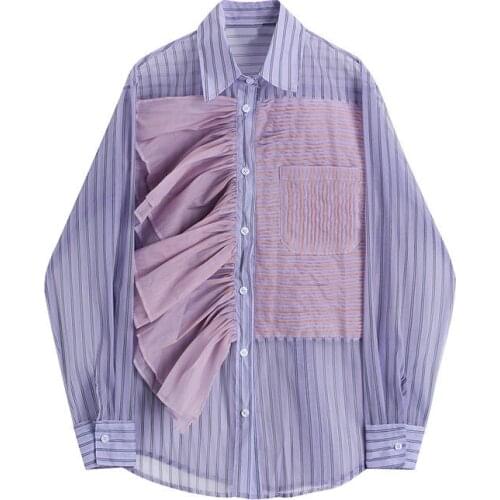 Transparent Chiffon Striped Ruffles Shirts Fall Loose Lotus Pleated Purple Blouse Cardigan Blusas Single-breasted Crop Tops 2021