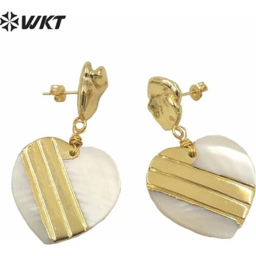 MPE043 Romantic Heart Shape Earrings Wholesale Fashion Natural White Shell Earrings With Gold Metal Plated Love Tokens