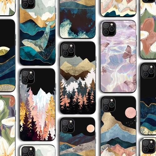 Luxury Funda Case for Iphone 12 Case for IPhone 12 11 Pro XR 7 X XS Max Mini 8 6 6S Plus SE 2020 Black TPU Landscape Painting