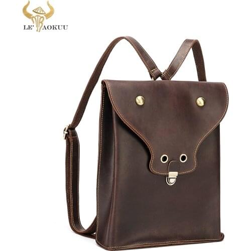 Thick Real Leather Heavy Duty Design Men Travel Large Backpack Daypack Rucksack Retro Knapsack College School Laptop Bag 82001