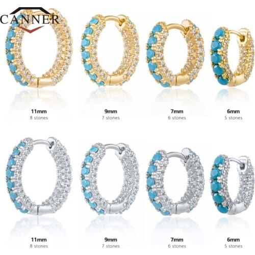 CANNER 6/7/9/11mm Turquoise Zircon Personality Trend Hoop Earrings for Women Huggie Round Earring Girl Jewelry Pendients Gifts
