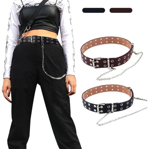 PU Leather Wide Female Strap Belt Punk Streetwear Women Belt Double Holes With Chains Adjustable Belts For Man Woman