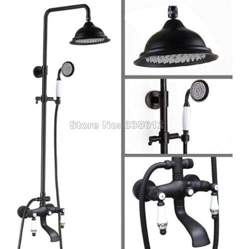Bathroom Wall Mounted Black Oil Rubbed Bronze 8.2 inch Shower Head Rain Shower Faucet Set Hold Shower Bath Tub Mixer Tap Whg124