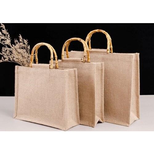 Vintage Handbag Bamboo Loop Handles DIY Bag Retro Waterproof Shopping Bag Solid Color Jute Portable Bag Coarse Woven Fashion