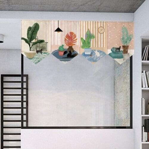 Cartoon Cat Triangle Flag Curtain Kitchen Partition Half Curtain Japanese Decoration Green Plant Short Curtain Door Curtain