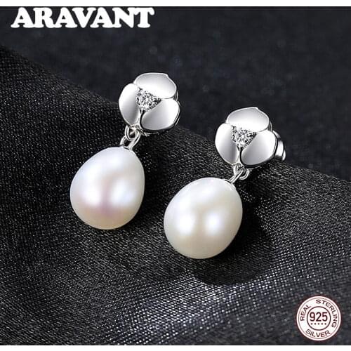 Elegant Real Natural Freshwater Pearl Drop Earrings Women Fashion 925 Sterling Silver Jewelry