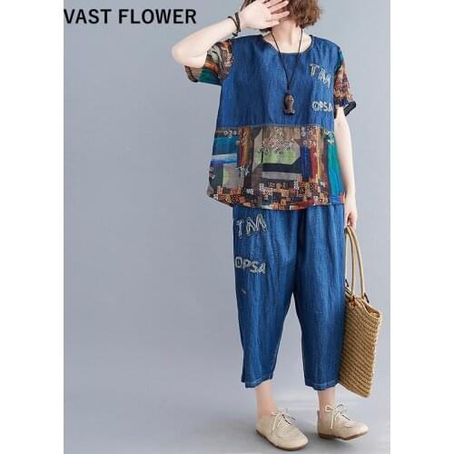Fashion Denim Vintage Patchwork Print 2 Two Piece Set Summer Short Sleeve Loose Casual Tee T-shirt Women Tops 2021 Jeans Pants