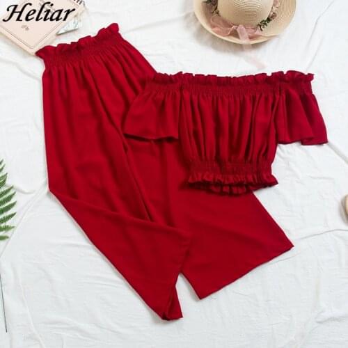 Heliar 2020 Summer Two Piece Outfits Women Off Shoulder Jumpsuits Palazzo Playsuits Party Ruffle Strap Women Summer Jumpsuits