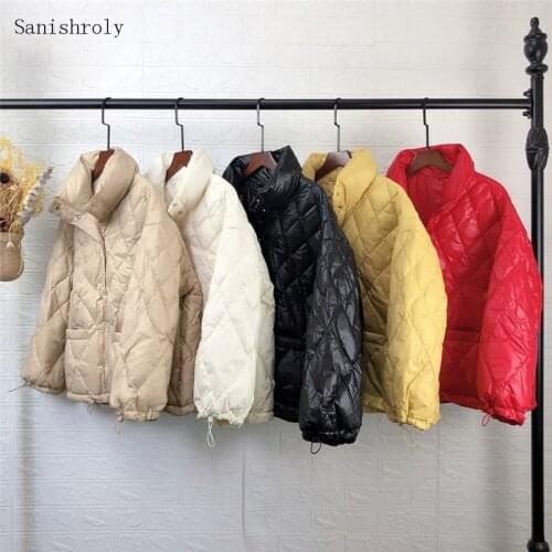 Women Stand Collar Drawstring Prismatic Grid Down Coat Warm Light 90% White Duck Down Jacket Parka Ladies Short Winter Outwears