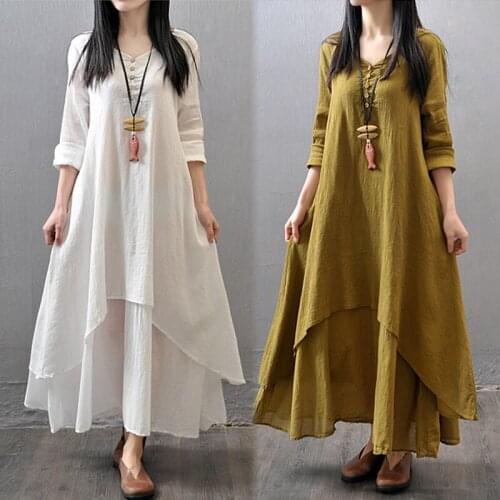 False Two-piece Cotton Linen Long Sleeve Maxi Dress Women Plain Double Layer Casual Loose Plus Size Solid Vintage Long Dress