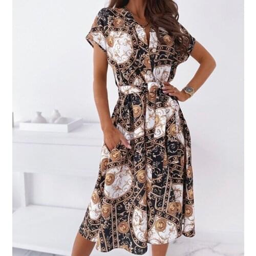 2021 Summer Women Shirt Lace-Up Belt Dress Sexy V Neck Button Short Sleeve Party Dress Vintage Pattern Print A-Line Midi Dresses