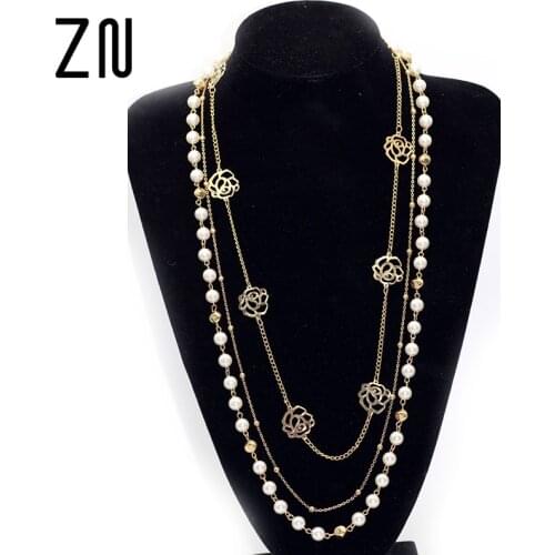 Fashion Women Vintage Jewelry Ks Style Long Simulated Pearl Necklace Flower Sweater Chain Necklaces Pendants