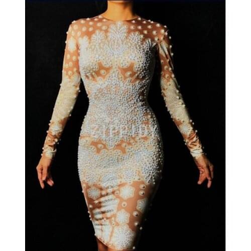 White Printed Pearls Spandex Dress Womens Birthday Celebrate Dress DJ Singer Dance Evening Wear Nightclub Show Wear